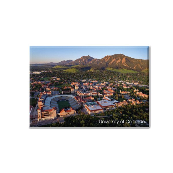 A multi color rectangular Jardine magnet with aerial photo of University of Colorado and "University of Colorado" in bottom right corner.